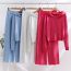 Fashion Light Blue Acrylic Perm Knitted Hooded Cardigan Wide-leg Pants Suit