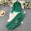 Fashion Green Acrylic Printed Lapel Knitted Sweater Wide Leg Pants Suit