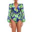 Fashion Green Pants Suit Polyester Printed Puff Sleeve One-piece Swimsuit With Flared Trousers Set