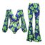 Fashion Green Pants Suit Polyester Printed Puff Sleeve One-piece Swimsuit With Flared Trousers Set