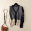 Fashion Royal Blue Color Block Knitted Sweater Jacket  Core Yarn