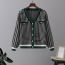 Fashion Green Houndstooth Colorblock Knitted Cardigan Jacket  Core Yarn