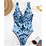 Fashion Blue Polyester Printed Deep V One-piece Swimsuit
