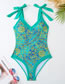 Fashion Green Flower Suit Polyester Printed One-piece Swimsuit Knotted Beach Dress Set