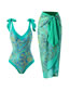 Fashion Green Flower Suit Polyester Printed One-piece Swimsuit Knotted Beach Dress Set