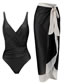 Fashion Black Suit Polyester Ruched One-piece Swimsuit Knotted Beach Dress Set