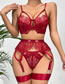 Fashion Claret Lace And Mesh Hollow See-through Underwear Set