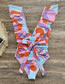 Fashion Color Block Print + Tether Polyester Print Tie Swimsuit