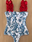 Fashion Blue Animal Print On White Polyester Color Block Print Swimsuit