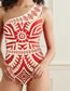 Fashion Red Suit Polyester Printed One-shoulder One-piece Swimsuit Straight-leg Pants Set