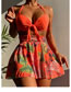 Fashion No. 6 Orange Nylon Halter Neck Ties Printed Two-piece Swimsuit Three-piece Set
