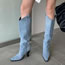 Fashion Denim Blue Denim Square Toe Chunky Heel Boots