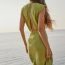 Fashion Green Cotton Linen Round Neck Hollow Slit Dress