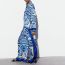 Fashion Blue Polyester Printed Button Cardigan Wide-leg Trousers Set