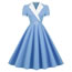 Fashion Light Blue Fine Grid Polyester Color Contrast Stand Collar Tie Swing Dress