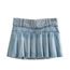 Fashion Blue Denim Pleated Belt Skirt