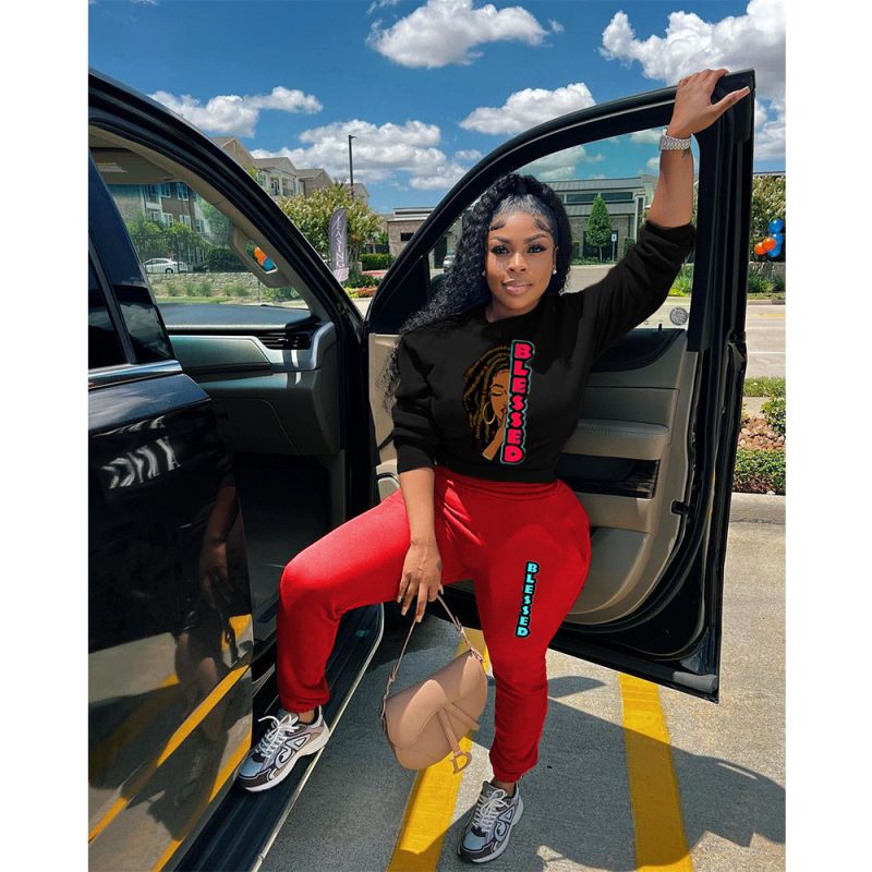 Fashion Red Polyester Printed Crew Neck Sweatshirt Trousers Set