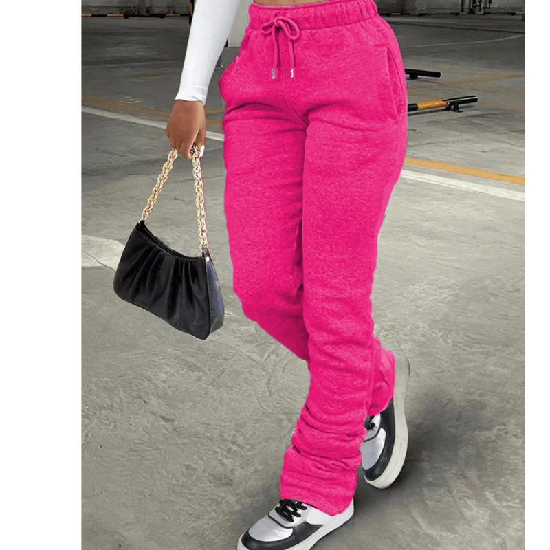 Fashion Rose Red Polyester Drawstring Stacked Trousers