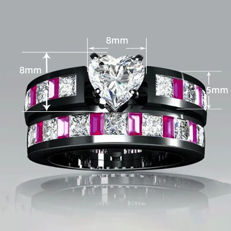 Fashion Gun Black Copper Inlaid Heart Zirconium Contrasting Color Ring Set