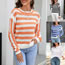 Fashion Orange Acrylic Cutout Stripe Crew Neck Long Sleeve Knit Sweater