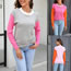 Fashion Gray Powder Crew Neck Knitted Color Block Sweater