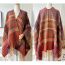 Fashion Brown Wavy Pattern Shawl Colorful Wavy Plaid Sleeves Shawl Fringed Coat