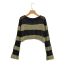 Fashion Black Green Striped Openwork Knitted Sweater