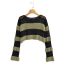 Fashion Black Green Striped Openwork Knitted Sweater