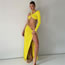 Fashion Yellow Polyester One-shoulder Asymmetrical Halter Top Slit Pleated Skirt Suit