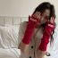 Fashion Red Extended Half Finger Wool Knit Patch Long Sleeve Fingerless Gloves