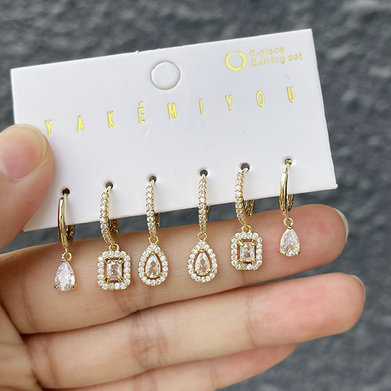 Fashion Gold Copper Inlaid Zircon Drop Drop Square Pendant Earrings Set Of 6