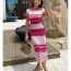 Fashion Rose Red Knitted Wave Pattern Round Neck Long Skirt  Knitting