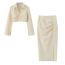 Fashion Beige Polyester Lapel Smocked Shirt Slit Skirt Suit
