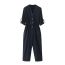 Fashion Navy Blue Polyester V-neck Roll-sleeve Wide-leg Jumpsuit