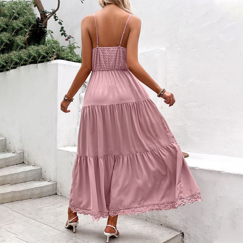 Fashion Pink Polyester Lace Suspender Maxi Skirt