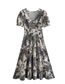 Fashion Color Woven Printed V-neck Puff Sleeve Dress