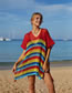 Fashion Red Color Striped Knitted Hollow V-neck Sunscreen Blouse