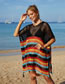 Fashion Red Color Striped Knitted Hollow V-neck Sunscreen Blouse