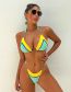 Fashion Yellow And Green Splicing Polyester Print Halterneck Tie Swimsuit