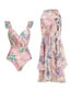 Fashion Long Sleeve Swimsuit Set Polyester Printed One-piece Swimsuit Pleated Beach Skirt Set