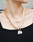 Fashion Silver Alloy Pearl Beaded Stitching Chain Embossed Tag Double Layer Necklace
