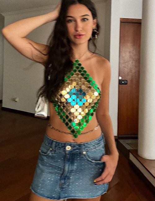 Fashion Green Acrylic Sequined Halter Tank Top