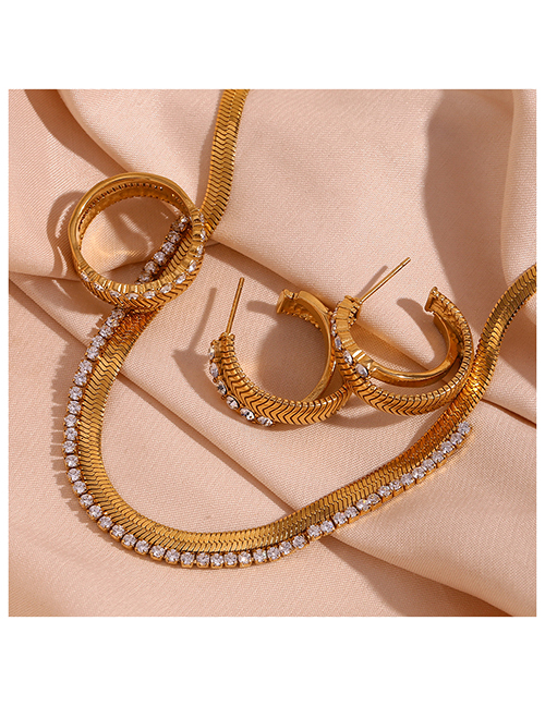 Fashion Double Herringbone Rhinestone Ring - Gold - No. 7 Titanium Steel Diamond Herringbone Chain Ring