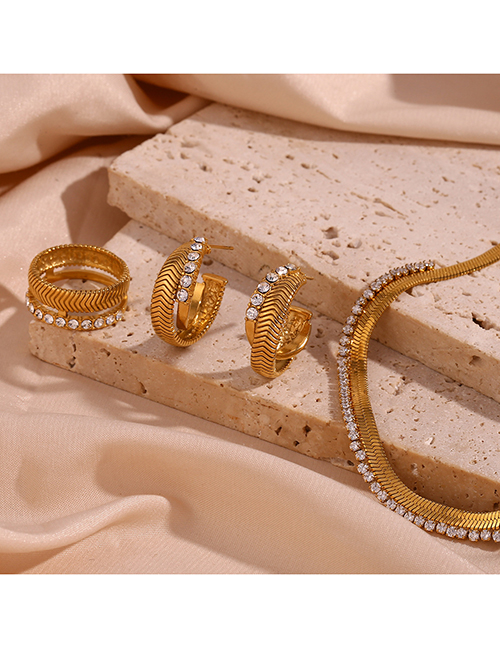 Fashion Double Herringbone Rhinestone Ring - Gold - Size 8 Titanium Steel Diamond Herringbone Chain Ring