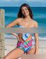 Fashion Blue Top + Blue Colored Leaves High Waist Embossed Print One-piece Swimsuit