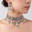 Fashion Color Alloy Diamond Hollow Drop Tassel Necklace And Earrings Set