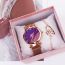 Fashion Purple Watch+bracelet+box Stainless Steel Diamond Round Dial Watch + Love Bracelet