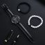 Fashion Black Belt Watch + Black And White Double Beads + Box Stainless Steel Round Dial Mens Watch + Beaded Bracelet Set