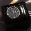 Fashion Silver Case Black Watch + Engraved Bracelet + Box Stainless Steel Round Dial Mens Watch + Engraved Bracelet
