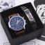 Fashion Black Plate And Brown Belt + Cool Bracelet + Box Stainless Steel Round Dial Mens Watch + Bracelet Set